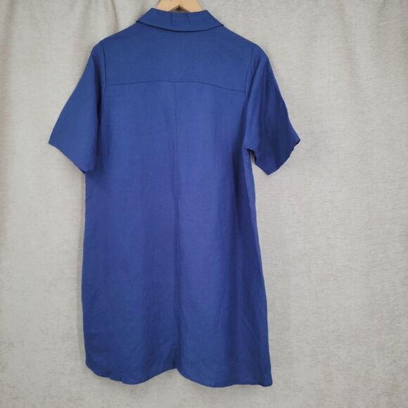 Chelsea & Theodore Blue Linen Rayon Button-Down Midi Shirt Dress Short Sleeves - Picture 9 of 12